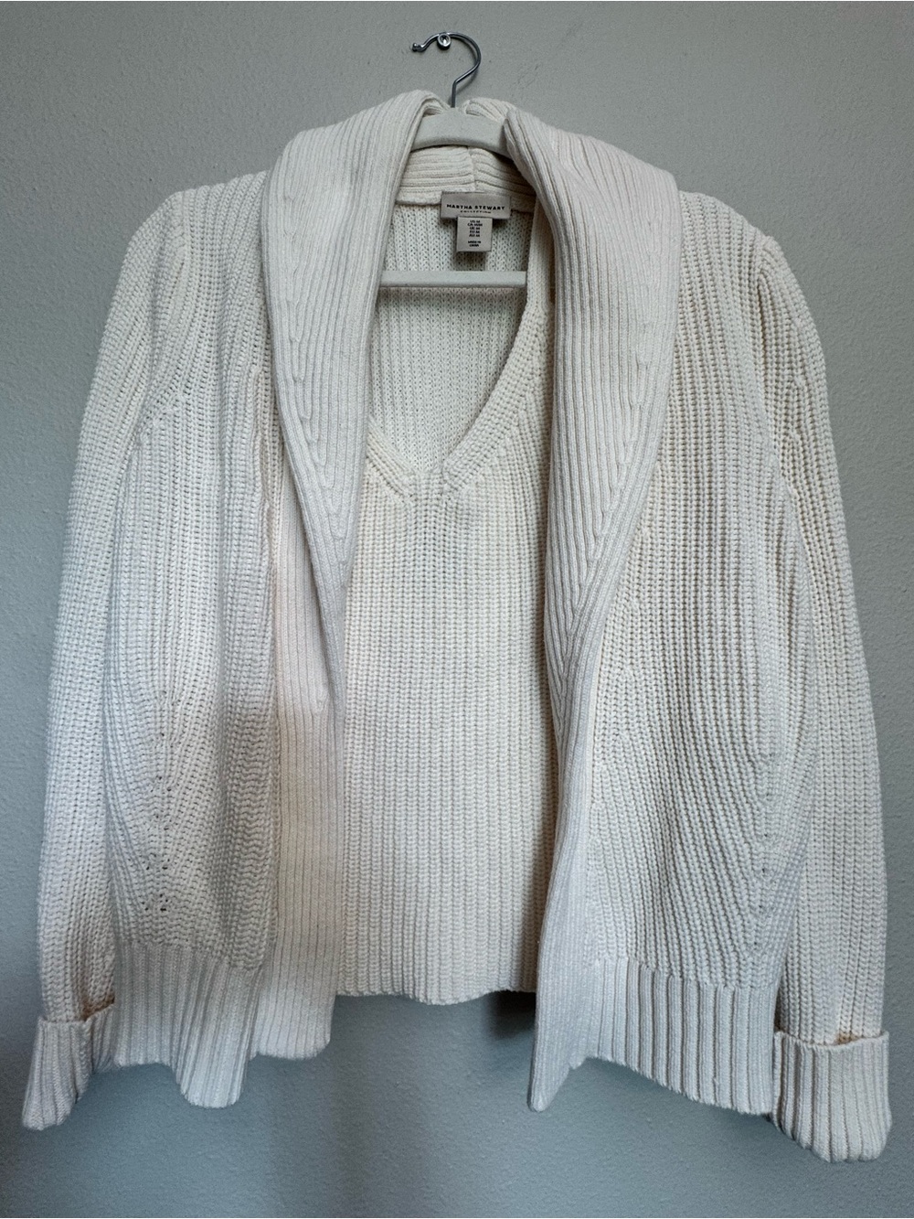 Martha Stewart Cream Shawl-Collar Ribbed Cardigan Sweater